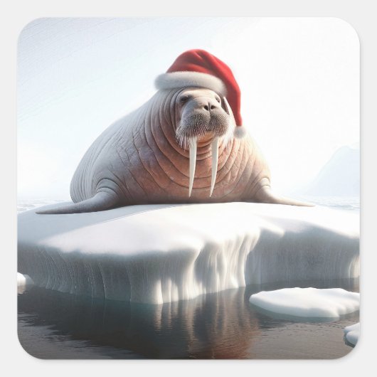 Walrus draagt een kerstmuts vierkante sticker (Voorkant)