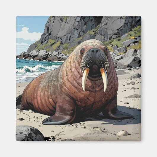 Walrus on a Sandy Beach  | Cute Animals Magneet (Voorkant)