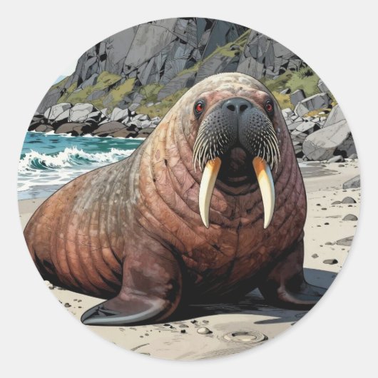 Walrus on a Sandy Beach  | Cute Animals Ronde Sticker (Voorkant)