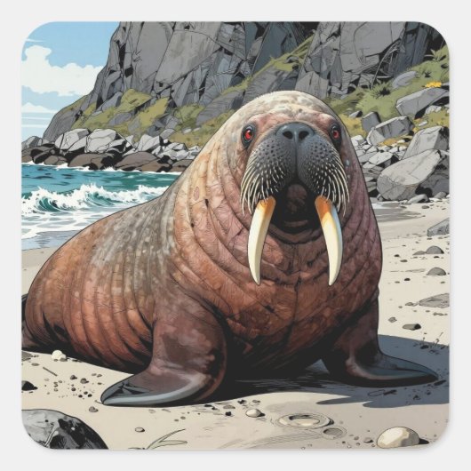 Walrus on a Sandy Beach  | Cute Animals Vierkante Sticker (Voorkant)
