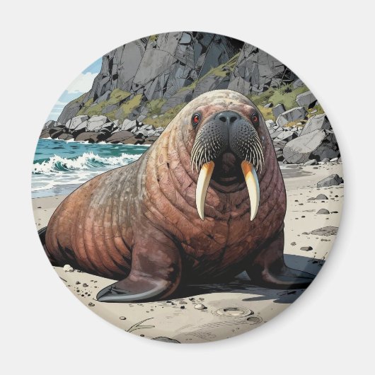 Walrus op een zandstrand | Schattige Dieren Magneet (Voorkant)