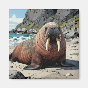 Walrus op een zandstrand Schattige Dieren Magneet