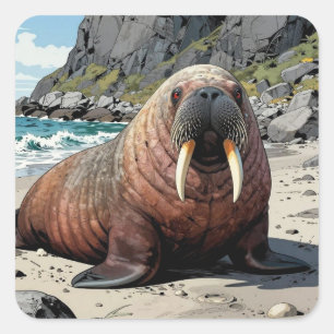 Walrus op een zandstrand Schattige Dieren Vierkante Sticker