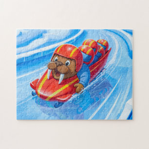 Walrus racet over het parcours in een snelle bobsl legpuzzel