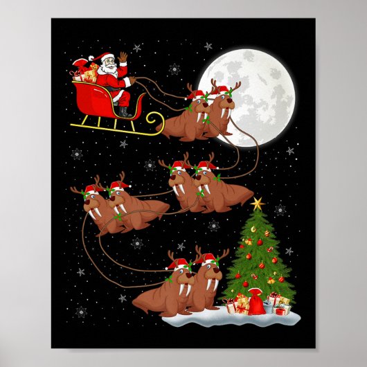 Walrus Santa Sleigh Flying Funny Magical Christmas Poster (Voorkant)