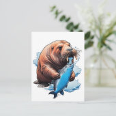 Walrus vissen in de zee briefkaart (Staand voorkant)