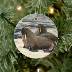 Walrussen in de Arctische Sneeuw, Antieke Zee Dier Keramisch Ornament