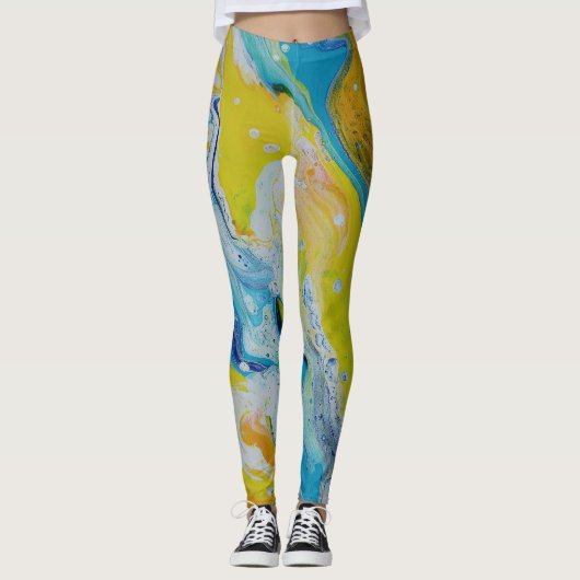 Wals over 3 vloeiende gele blauwe abstracte leggin leggings (Voorkant)