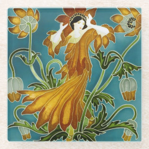 Walter Crane Oranje Tulp Art Nouveau Bloem Glazen Onderzetter