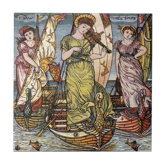 Walter Crane Ships, sierlijke dames, Art Nouveau Tegeltje (Voorkant)