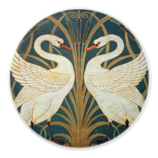 Walter Crane Swan, Rush en Iris Art Nouveau Keramische Knop (Voorkant)