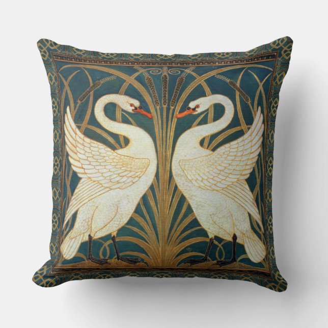 Walter Crane Swan, Rush en Iris Art Nouveau Kussen (Voorkant)
