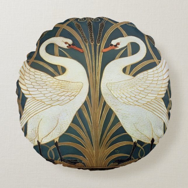 Walter Crane Swan, Rush en Iris Art Nouveau Rond Kussen (Voorkant)