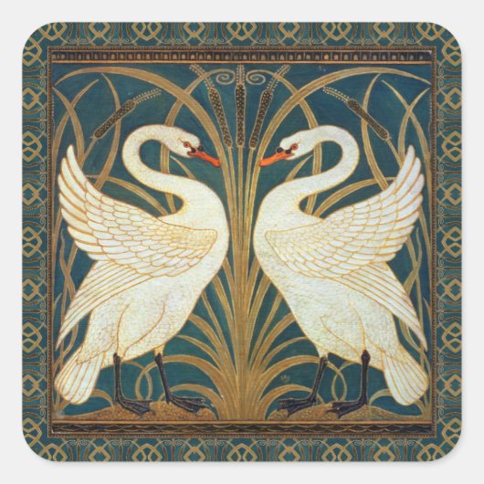 Walter Crane Swan, Rush en Iris Art Nouveau Vierkante Sticker (Voorkant)
