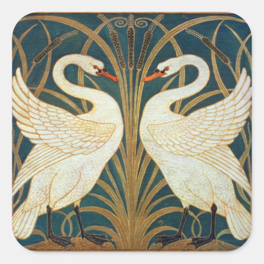 Walter Crane Swan, Rush en Iris Art Nouveau Vierkante Sticker (Voorkant)