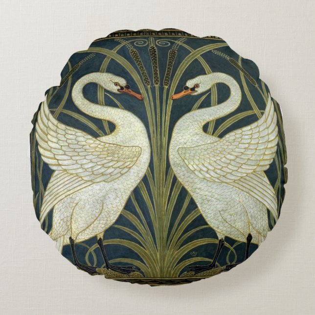 Walter Crane Swan & Rush en Iris Victoriaans  Rond Kussen (Voorkant)