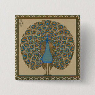 Walter Crane Vintage Goud Blauwe Pauw Kunst Vierkante Button 5,1 Cm