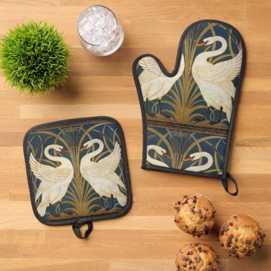 Walter Crane - Zwaan, Rush en Iris Art Nouveau Ovenwant & Pannenlap Set (Top down)