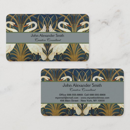 Walter Crane - Zwaan, Rush en Iris Art Nouveau Visitekaartje (Voorkant / Achterkant)