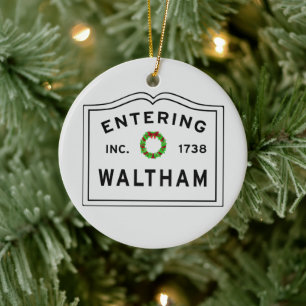 Waltham, MA Holiday Wreath Ceramic Ornament