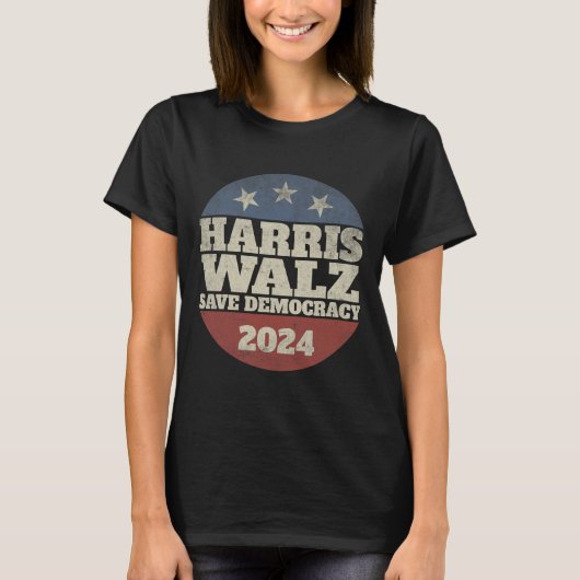 Waltz 2024 Save Democracy Shirt Retro Button Verko (Voorkant)