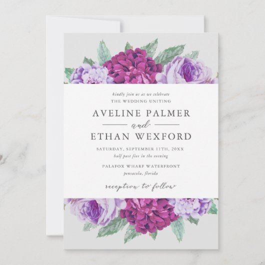 Waltzing Aveline Paarse Waterverf Floral Wedding Kaart (Voorkant)