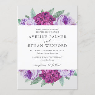 Waltzing Aveline Paarse Waterverf Floral Wedding Kaart