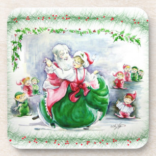 Waltzing Santa en Mrs Claus Cork Onderzetter