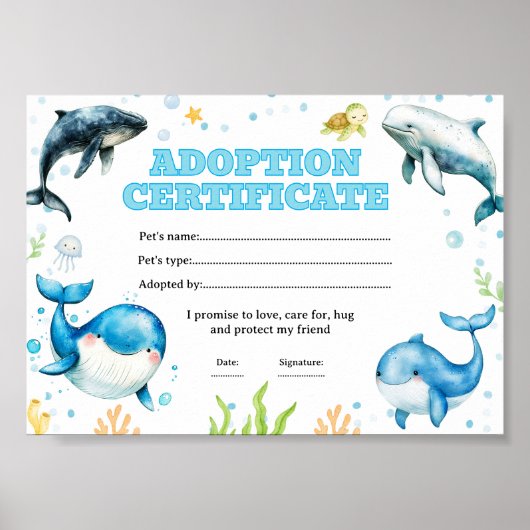Walvis adopteer een huisdier kleurcertificaat poster (Voorkant)