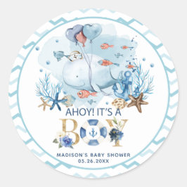 Walvis Ahoy Het is een Jongen Baby Borrel Bedankt Ronde Sticker