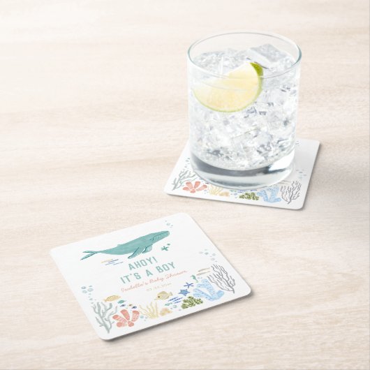 Walvis Ahoy Het is een jongen Baby shower Kartonnen Onderzetters (Insitu)