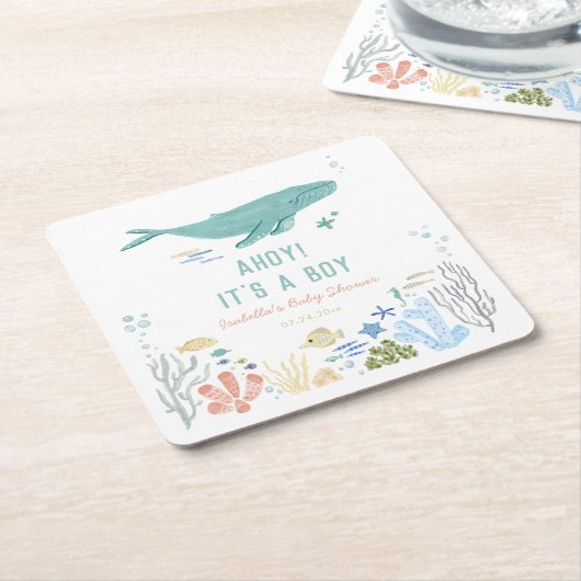 Walvis Ahoy Het is een jongen Baby shower Kartonnen Onderzetters (Schuin)
