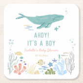 Walvis Ahoy Het is een jongen Baby shower Kartonnen Onderzetters (Voorkant)