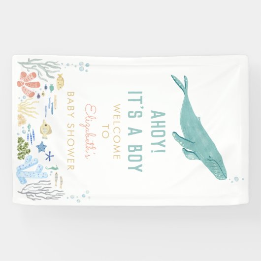 Walvis Ahoy! Het is een jongen Baby shower welkom Spandoek (Horizontaal)