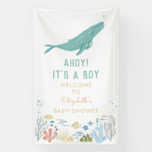 Walvis Ahoy! Het is een jongen Baby shower welkom Spandoek