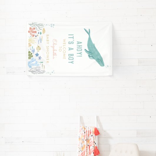 Walvis Ahoy! Het is een jongen Baby shower welkom Spandoek (Insitu)