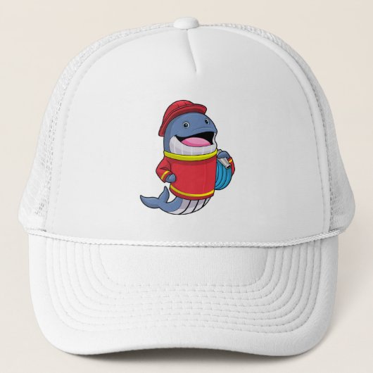 Walvis als brandweerschip met slang trucker pet (Voorkant)