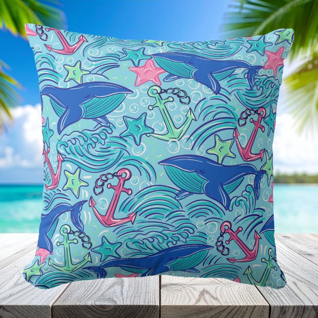 Walvis Anker Zeester Kust / Preppy Maritiem  Kussen (Creator heeft geüpload)