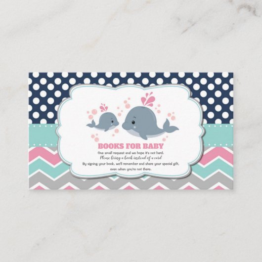 Walvis Baby shower Bring a Book Insert Baby Meisje Informatiekaartje (Voorkant)