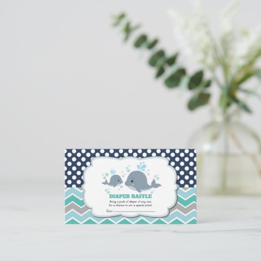 Walvis Baby shower Luier Raffle Ticket Insert Boy Informatiekaartje (Staand voorkant)
