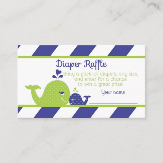 Walvis Baby shower Luier Raffle Ticket, Navy Green Informatiekaartje (Voorkant)