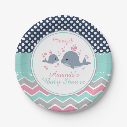 Walvis Baby shower Papier Bord Meisje Chevron Polk (Voorkant)