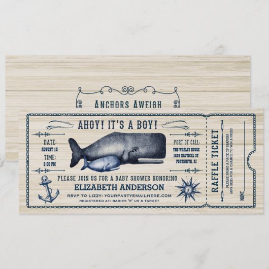  walvis, Baby shower Ticket Invitation Kaart (Voorkant / Achterkant)