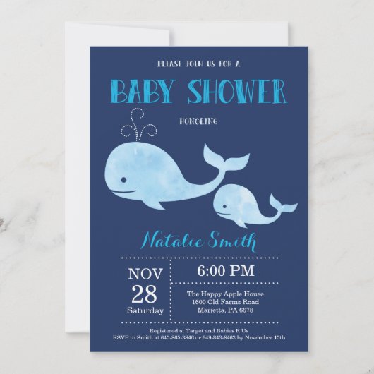 Walvis Baby shower Uitnodiging Navy Blue.Nautical (Voorkant)