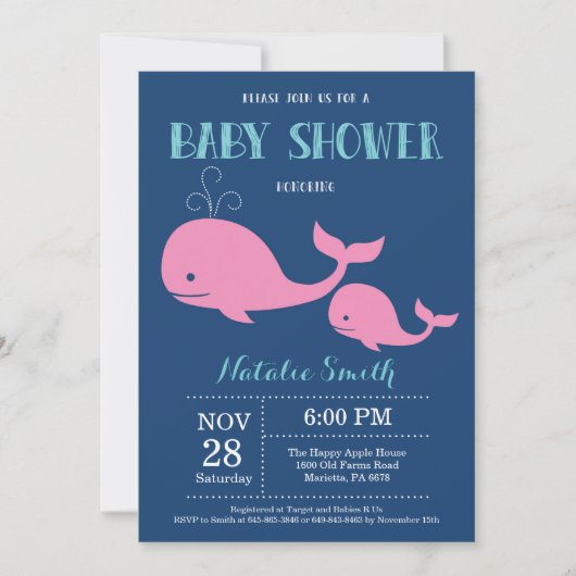 Walvis Baby shower Uitnodiging Navy Blue.Nautical (Voorkant)