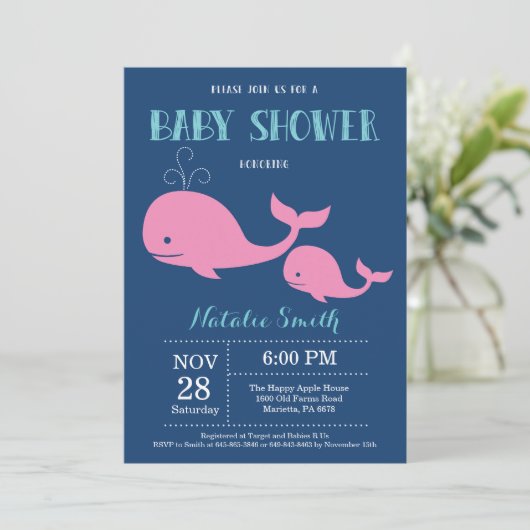 Walvis Baby shower Uitnodiging Navy Blue.Nautical (Staand voorkant)