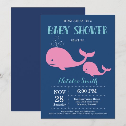 Walvis Baby shower Uitnodiging Navy Blue.Nautical (Voorkant / Achterkant)
