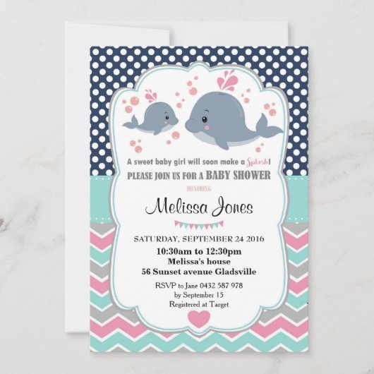 Walvis Babyshower Persoonlijke Uitnodiging Meisje (Voorkant)