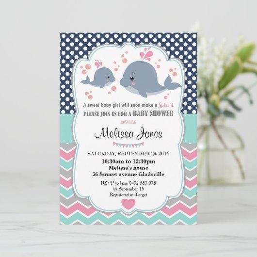Walvis Babyshower Persoonlijke Uitnodiging Meisje (Staand voorkant)