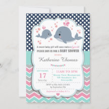 Walvis babyshower uitnodiging baby meisje roze pol